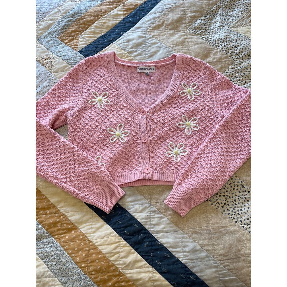 Chunky Knit Cropped Cardigan Sweater Spring Floral Pink and White Medium